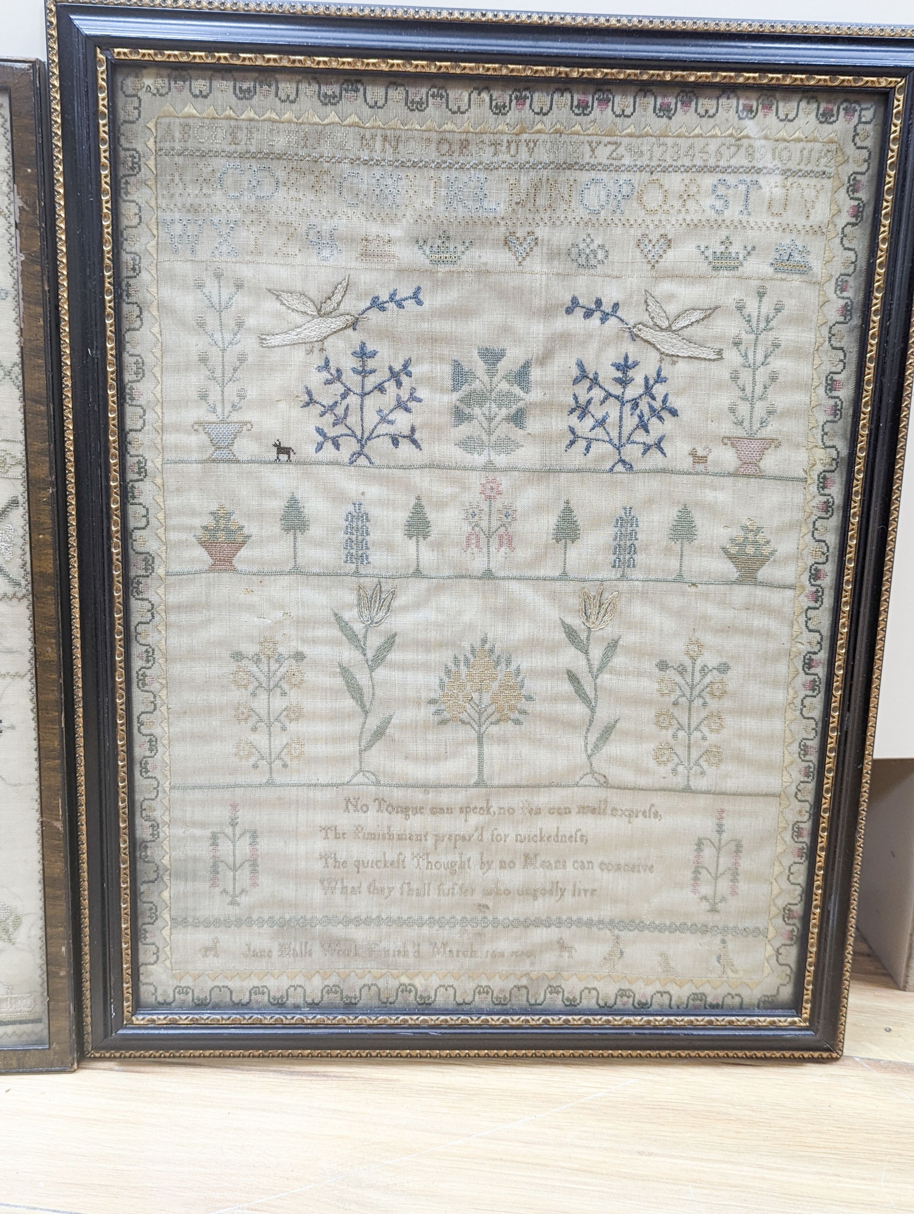 Two 19th century samplers, dated 1878 and 1810, framed.largest 40x30cm